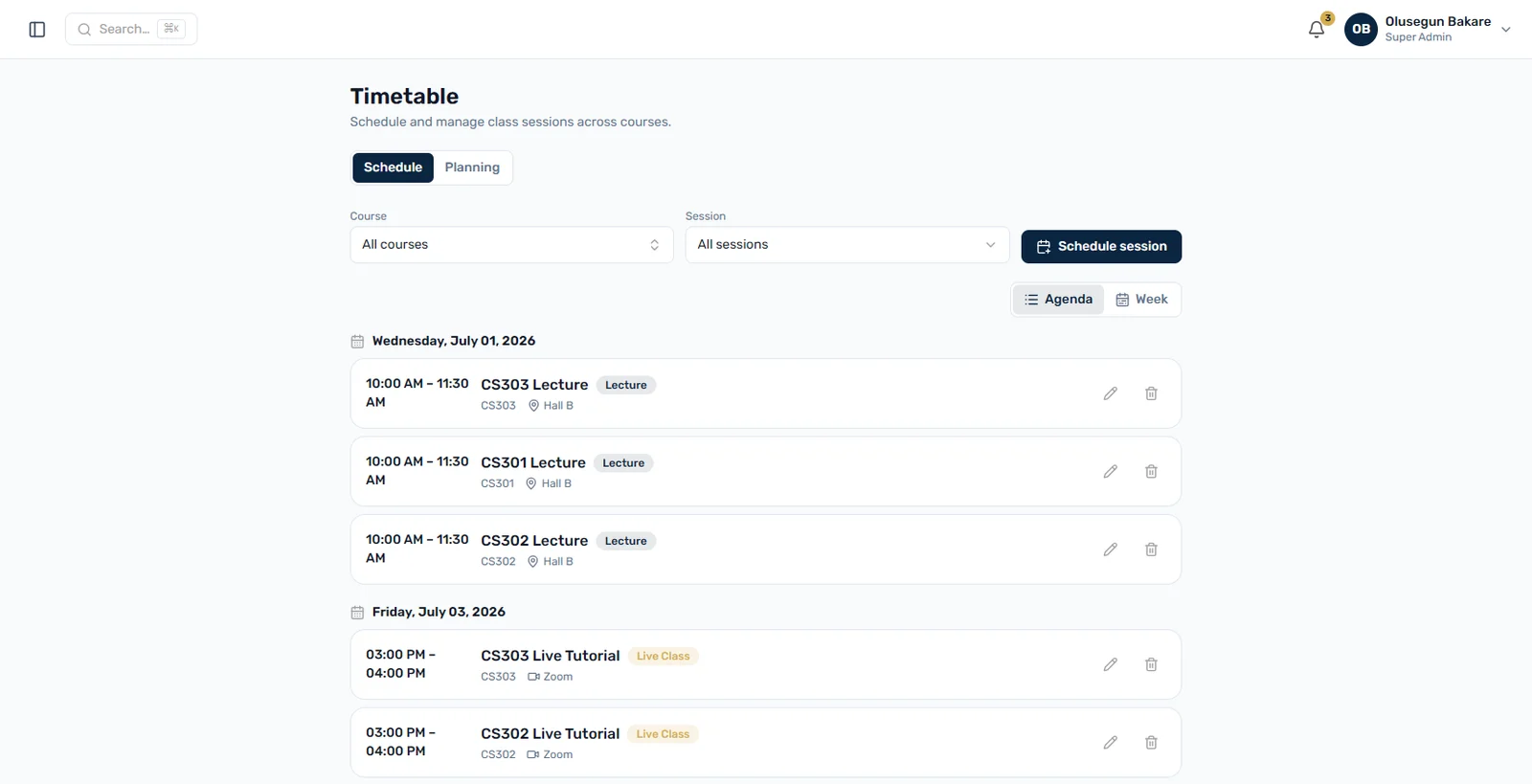 LTEduSuite timetable showing scheduled lectures and live Zoom tutorials