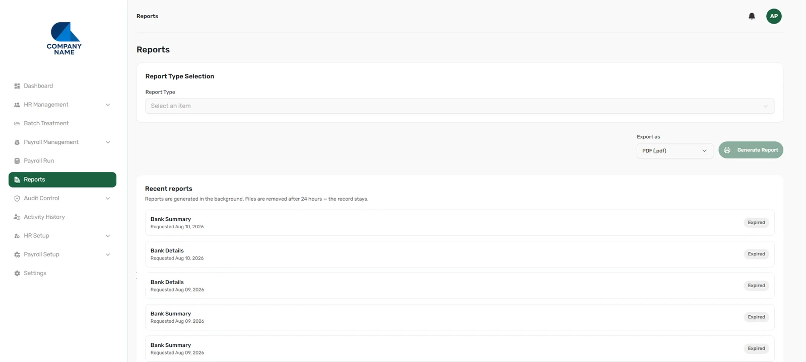 LTHRM reports screen with report type selection and recent bank reports