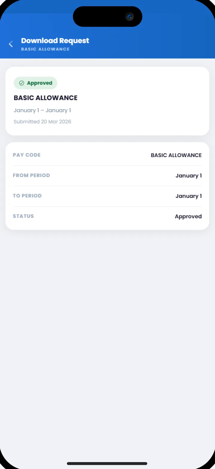 PayMata app showing an approved payslip download request with pay code, period and status