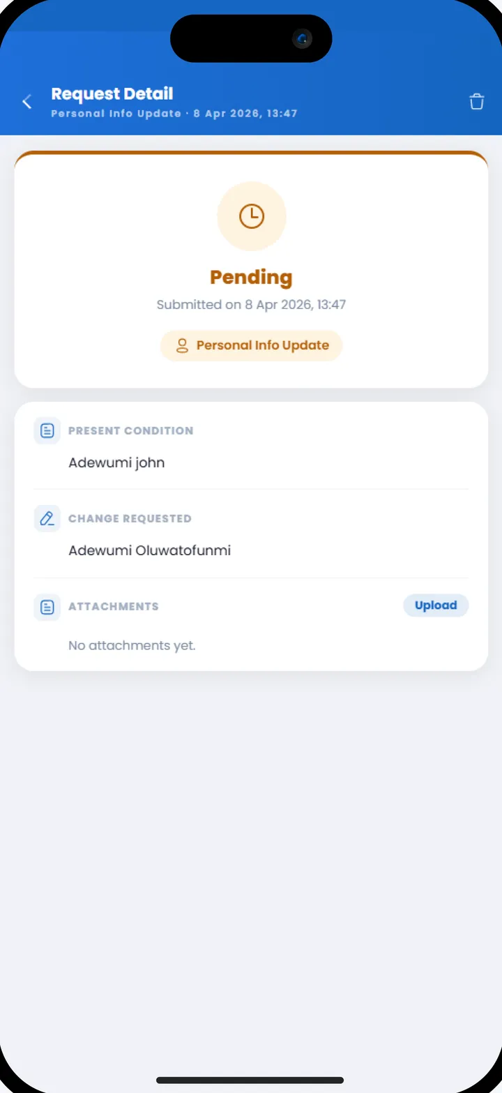 PayMata app showing a pending personal information update request and its details